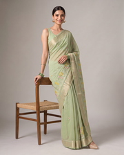 Pastel Green Munga Kota Cotton Banarasi Saree with Elegant Floral Embroidery