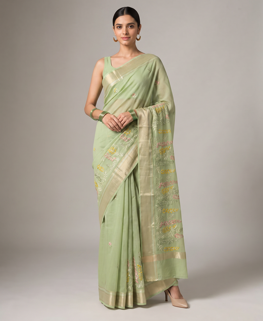 Pastel Green Munga Kota Cotton Banarasi Saree with Elegant Floral Embroidery