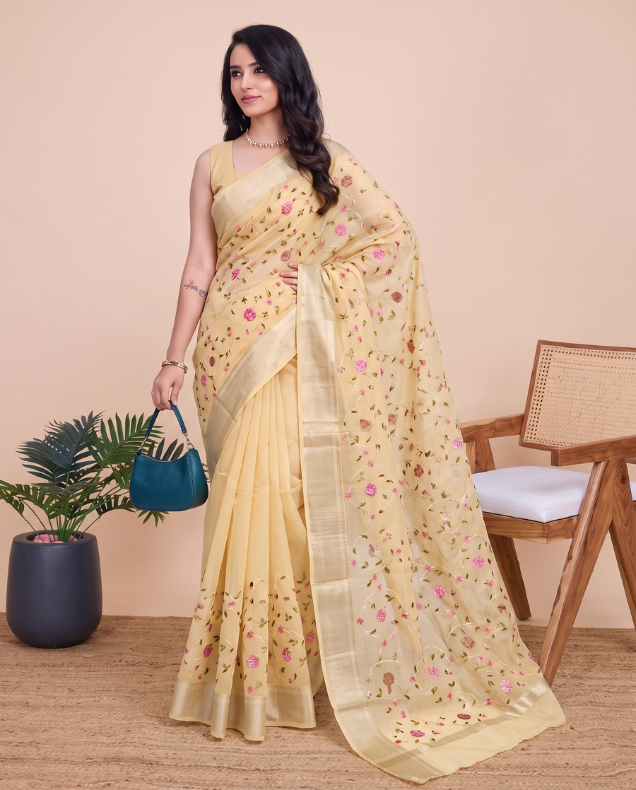 Pastel Yellow Munga Kota Cotton Banarasi Embroidery Saree