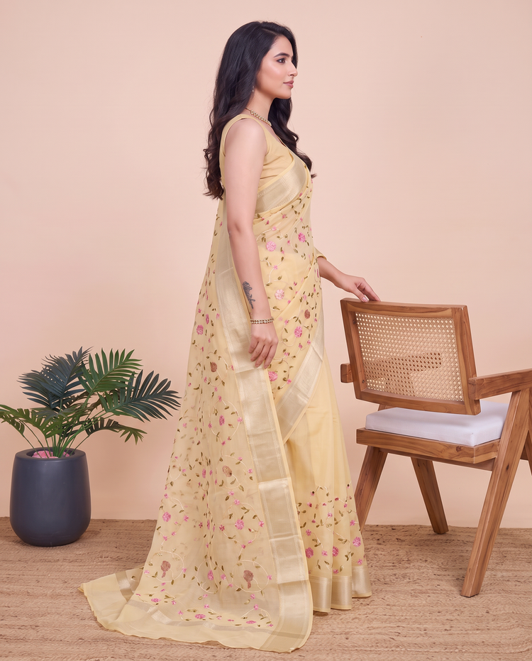 Pastel Yellow Munga Kota Cotton Banarasi Embroidery Saree