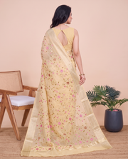 Pastel Yellow Munga Kota Cotton Banarasi Embroidery Saree