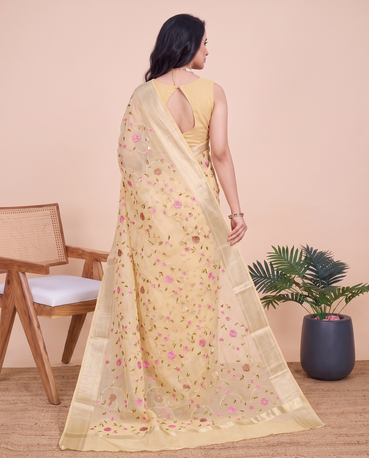 Pastel Yellow Munga Kota Cotton Banarasi Embroidery Saree