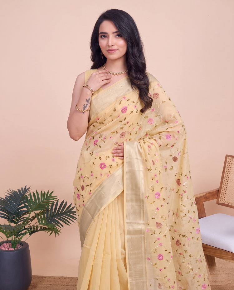 Pastel Yellow Munga Kota Cotton Banarasi Embroidery Saree