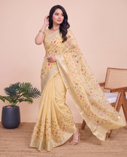 Pastel Yellow Munga Kota Cotton Banarasi Embroidery Saree