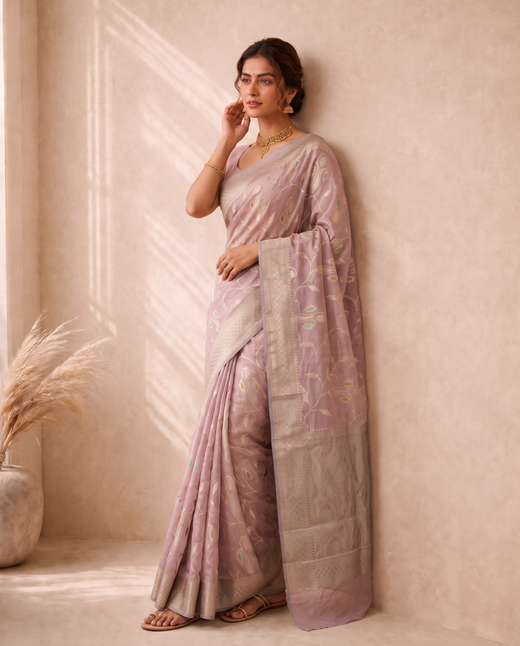 Light Purple Chanderi Silk Aari Work Saree
