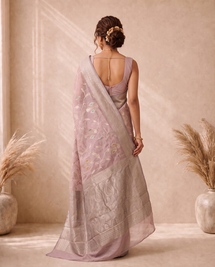 Light Purple Chanderi Silk Aari Work Saree