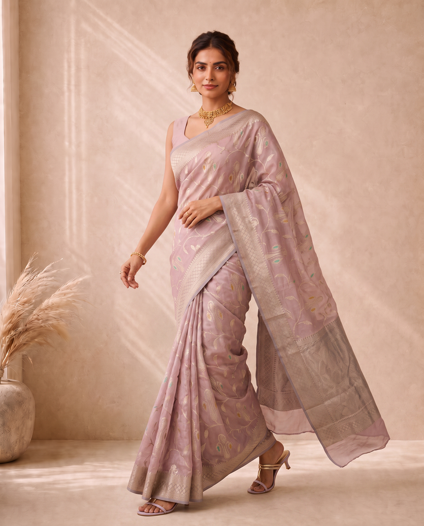 Light Purple Chanderi Katan Silk Alfi Fancy Jall Work Richpallu Saree