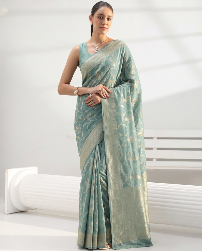 Teal Chanderi Silk Aari Work Saree
