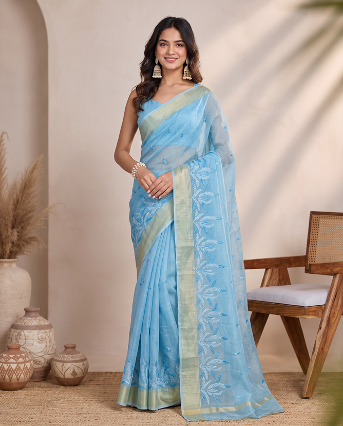 Blue Munga Kota Embroidery Saree