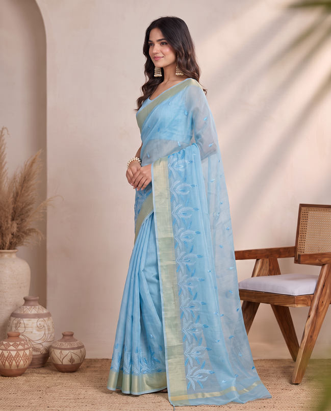 Blue Munga Cut Embroidered Saree