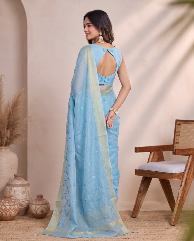 Blue Munga Cut Embroidered Saree