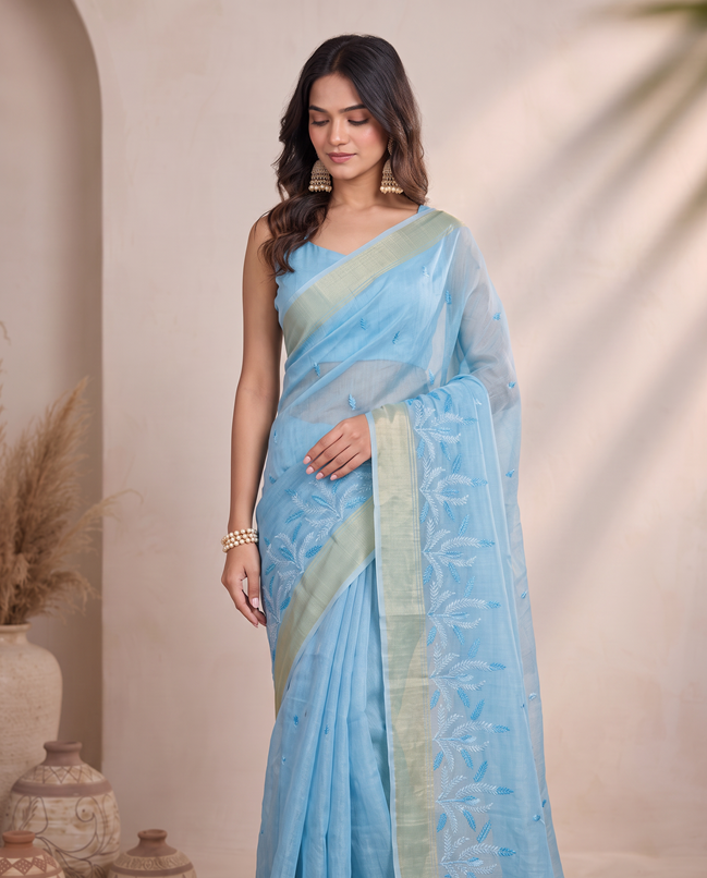 Blue Munga Cut Embroidered Saree