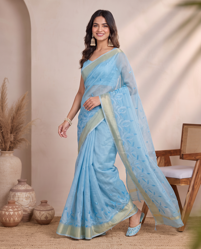 Blue Munga Cut Embroidered Saree