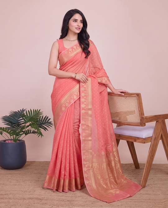 Coral Pink Cotton Silk Zari Woven Saree