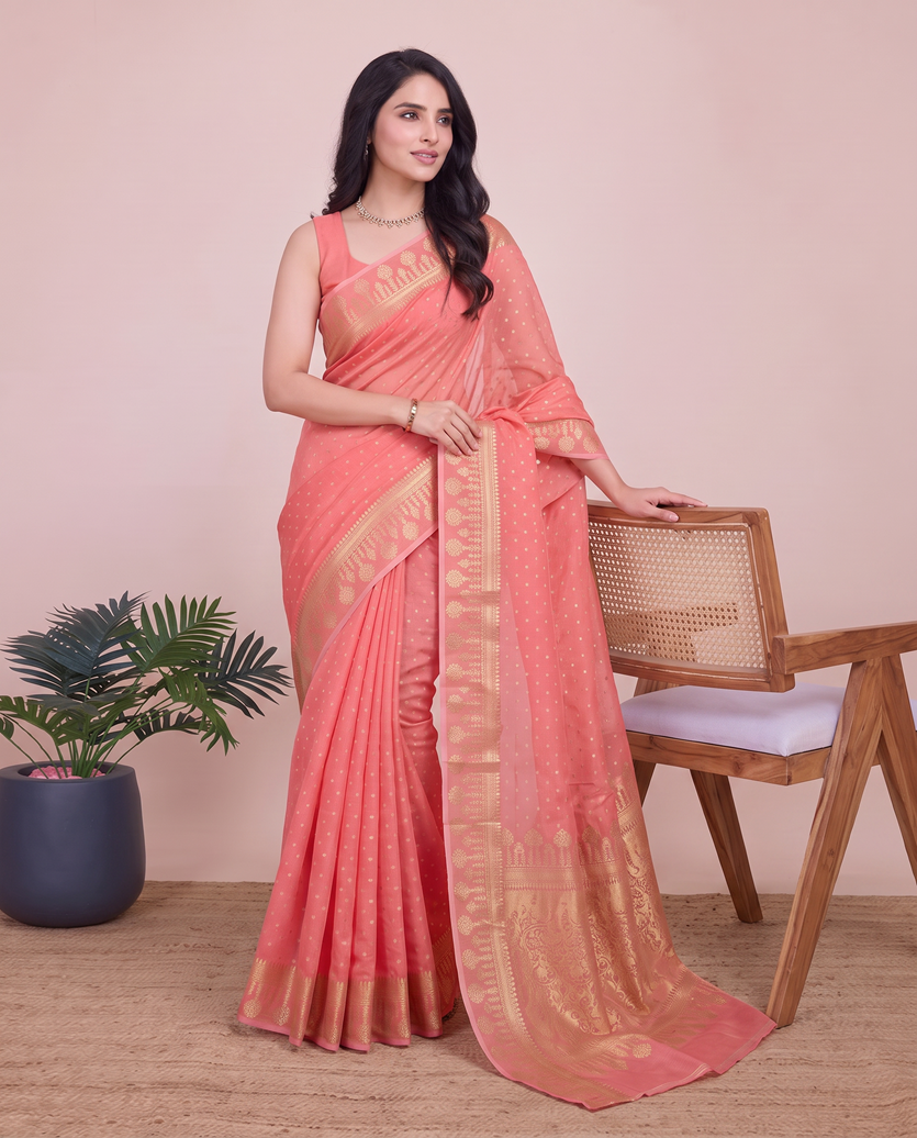 Coral Pink Cotton Silk Zari Woven Saree