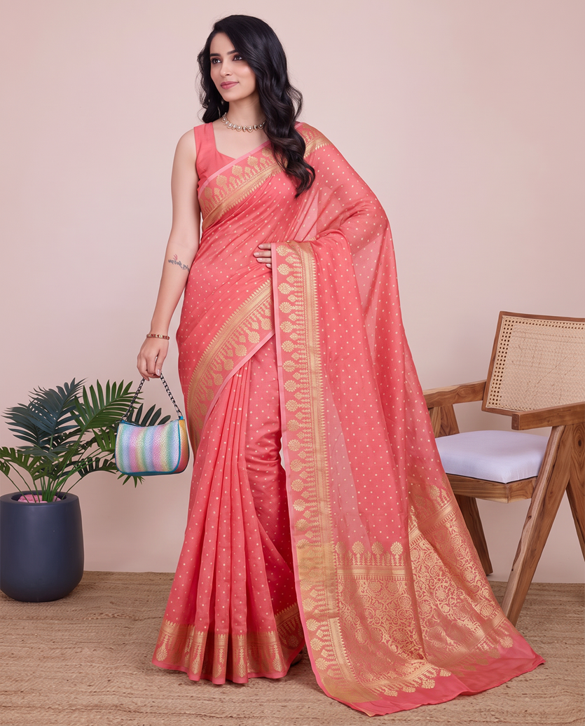 Coral Pink Cotton Silk Zari Woven Saree