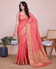 Coral Pink Cotton Silk Zari Woven Saree