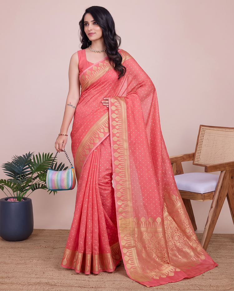 Coral Pink Cotton Silk Zari Woven Saree