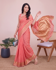 Coral Pink Cotton Silk Zari Woven Saree
