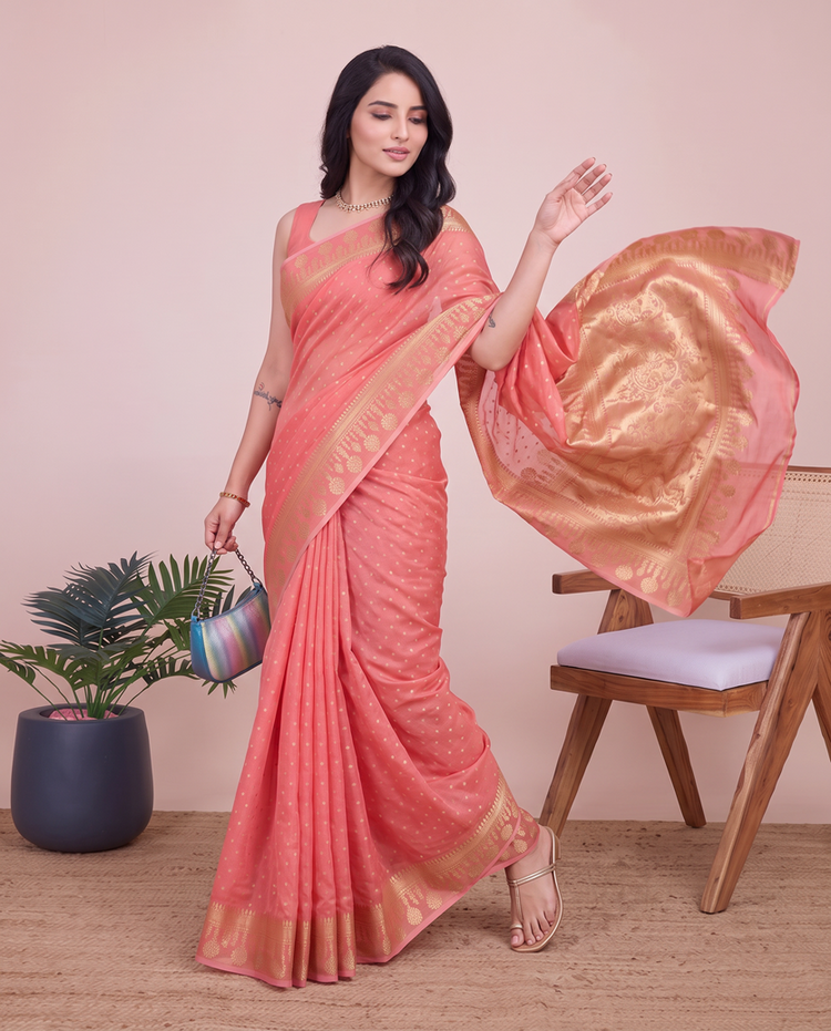 Coral Pink Cotton Silk Zari Woven Saree