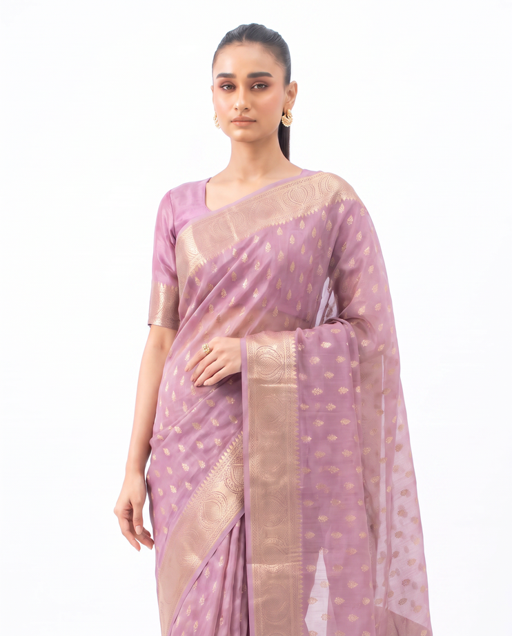 Lilac Purple Cotton Lichi Silk Fancy Banarasi Buti Richpallu Heavy Blouse Saree