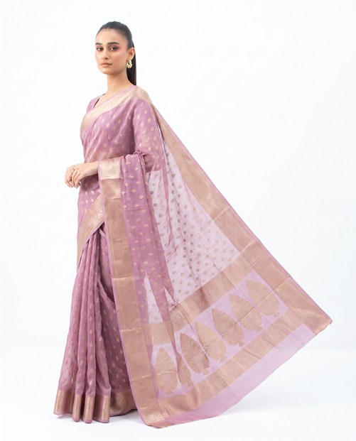 Lilac Purple Cotton Lichi Silk Fancy Banarasi Buti Richpallu Heavy Blouse Saree