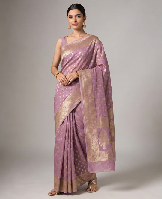 Lilac Purple Cotton Lichi Silk Fancy Banarasi Buti Richpallu Heavy Blouse Saree