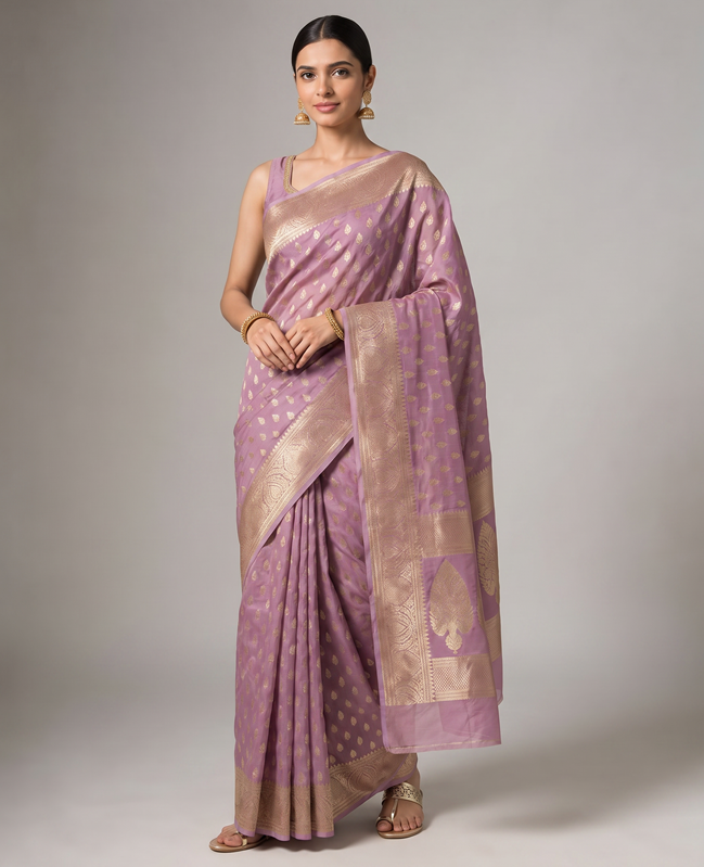 Lilac Purple Cotton Lichi Silk Fancy Banarasi Buti Richpallu Heavy Blouse Saree