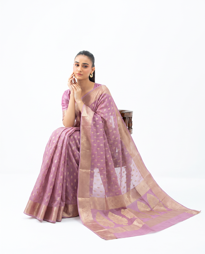 Lilac Purple Cotton Lichi Silk Fancy Banarasi Buti Richpallu Heavy Blouse Saree
