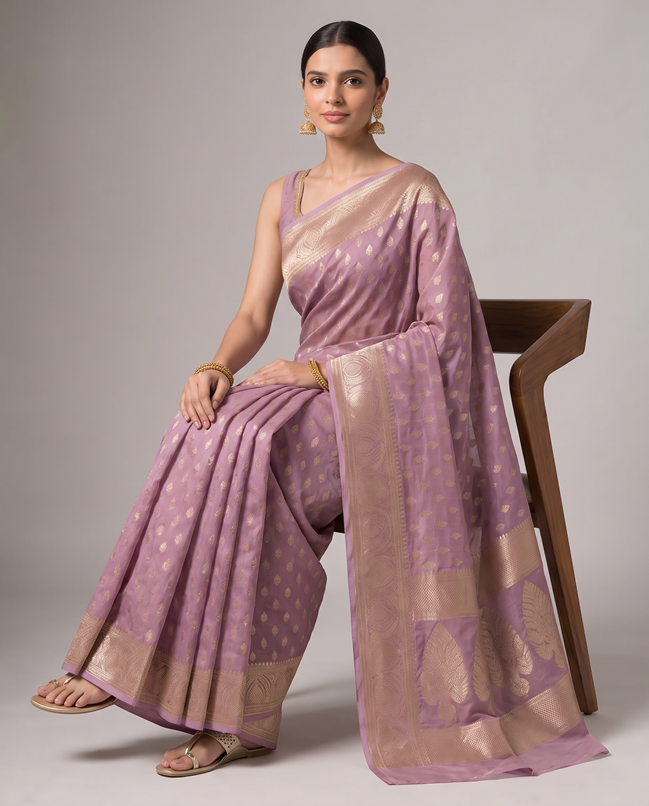 Lilac Purple Cotton Lichi Silk Fancy Banarasi Buti Richpallu Heavy Blouse Saree
