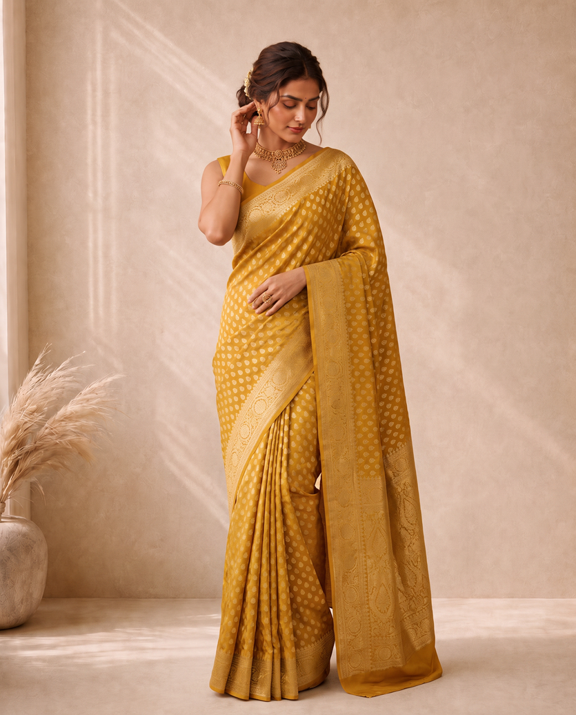 Mustard Yellow Cotton Lichi Silk Fancy Banarasi Buti Richpallu Heavy Blouse Saree