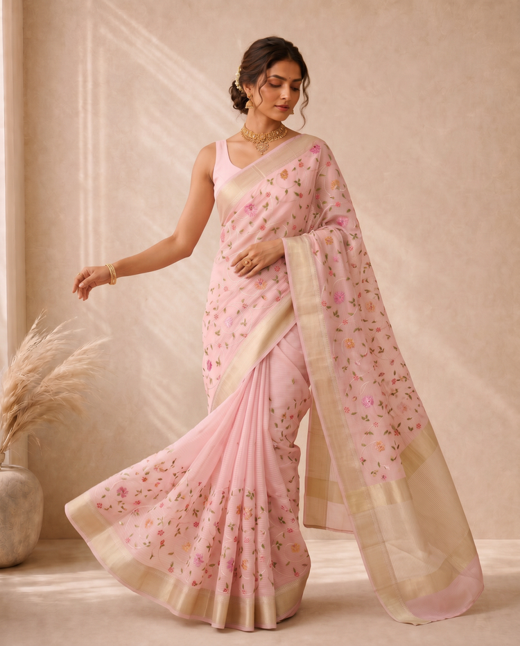Baby Pink Munga Kota Embroidery Saree