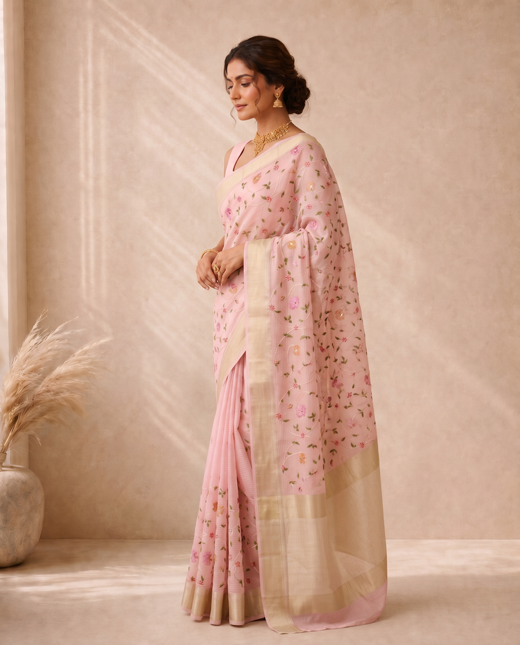 Baby Pink Munga Kota Embroidery Saree