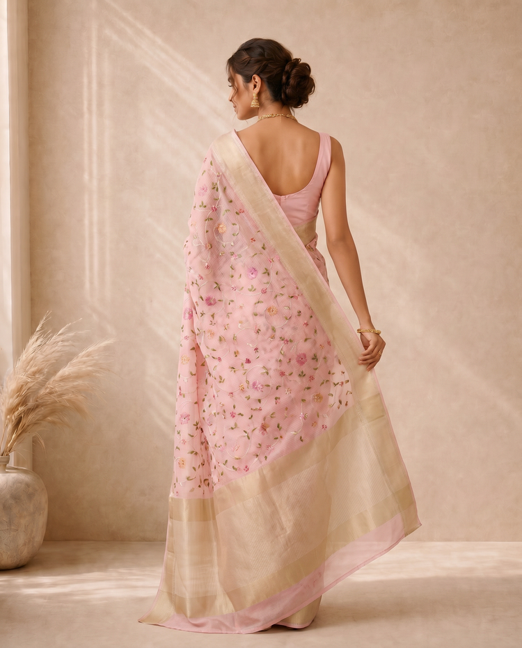 Baby Pink Munga Kota Embroidery Saree