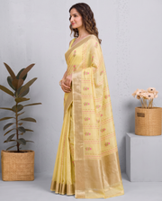 Lemon Yellow Munga Kota Embroidery Saree
