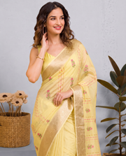 Lemon Yellow Munga Kota Embroidery Saree
