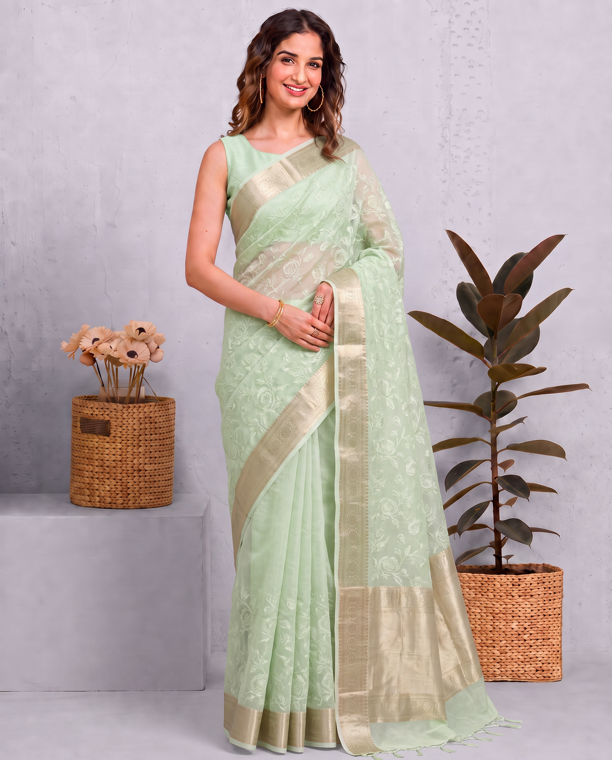 Light Pista Green Munga Kota Embroidery Saree