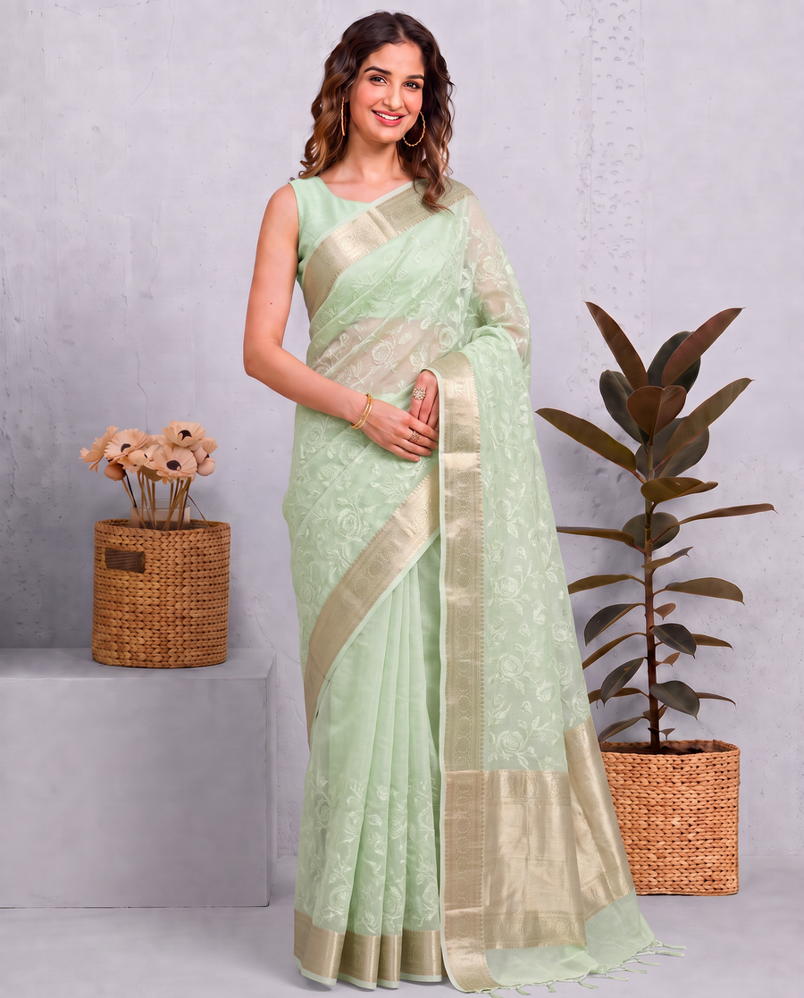 Light Pista Green Munga Kota Embroidery Saree