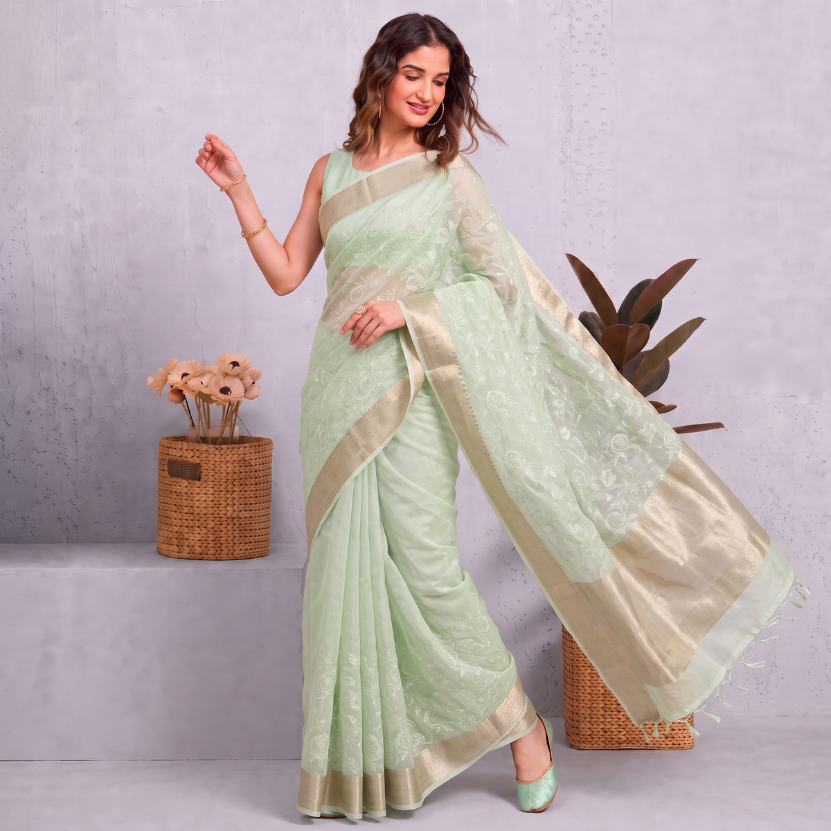 Light Pista Green Munga Kota Embroidery Saree