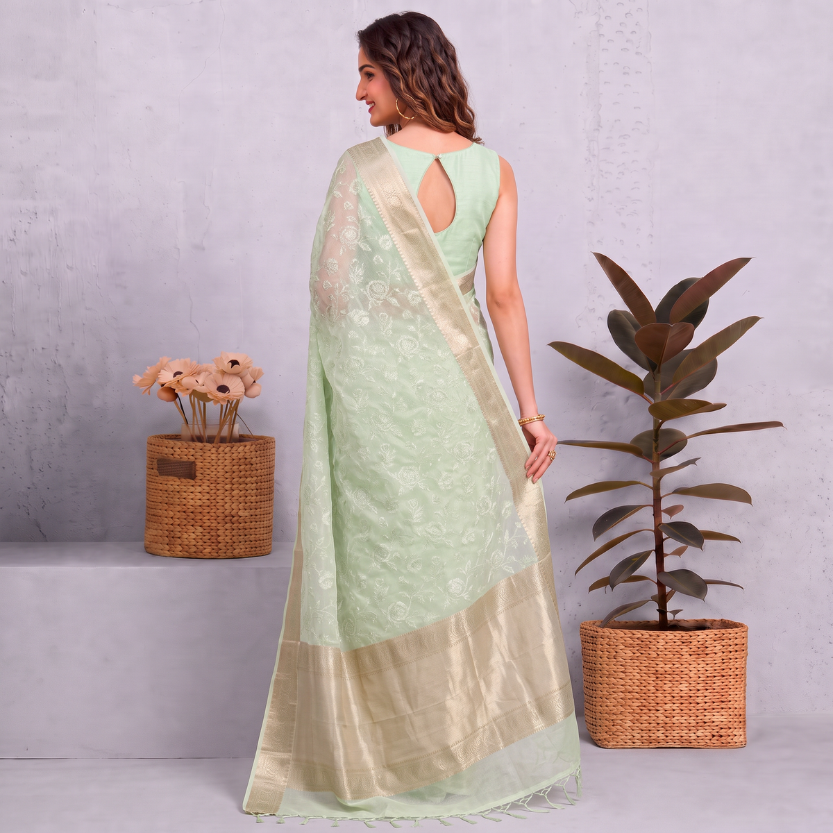 Light Pista Green Munga Kota Embroidery Saree