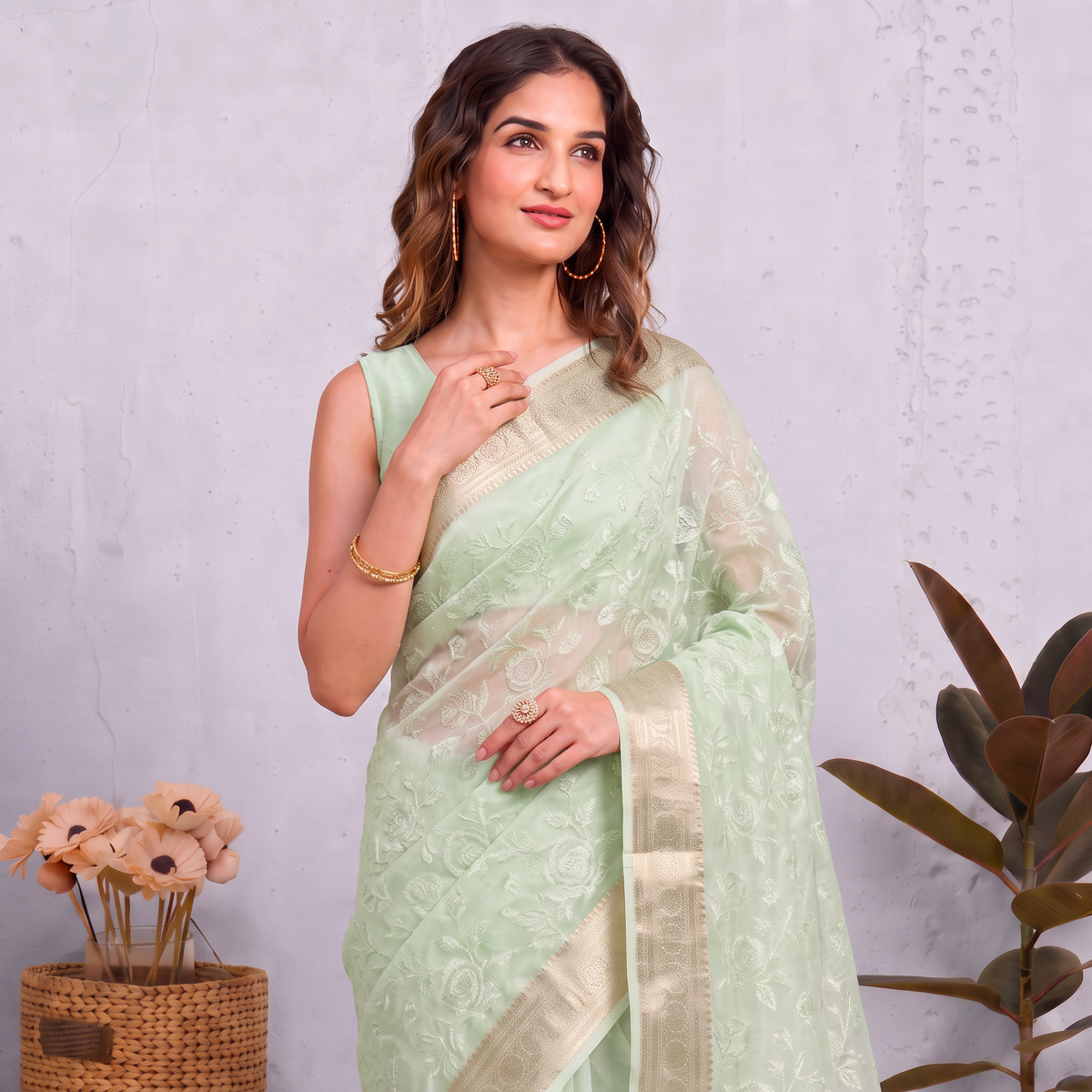 Light Pista Green Munga Kota Embroidery Saree