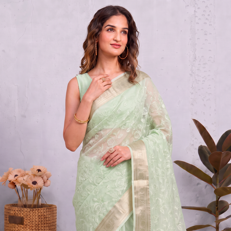 Light Pista Green Munga Kota Embroidery Saree