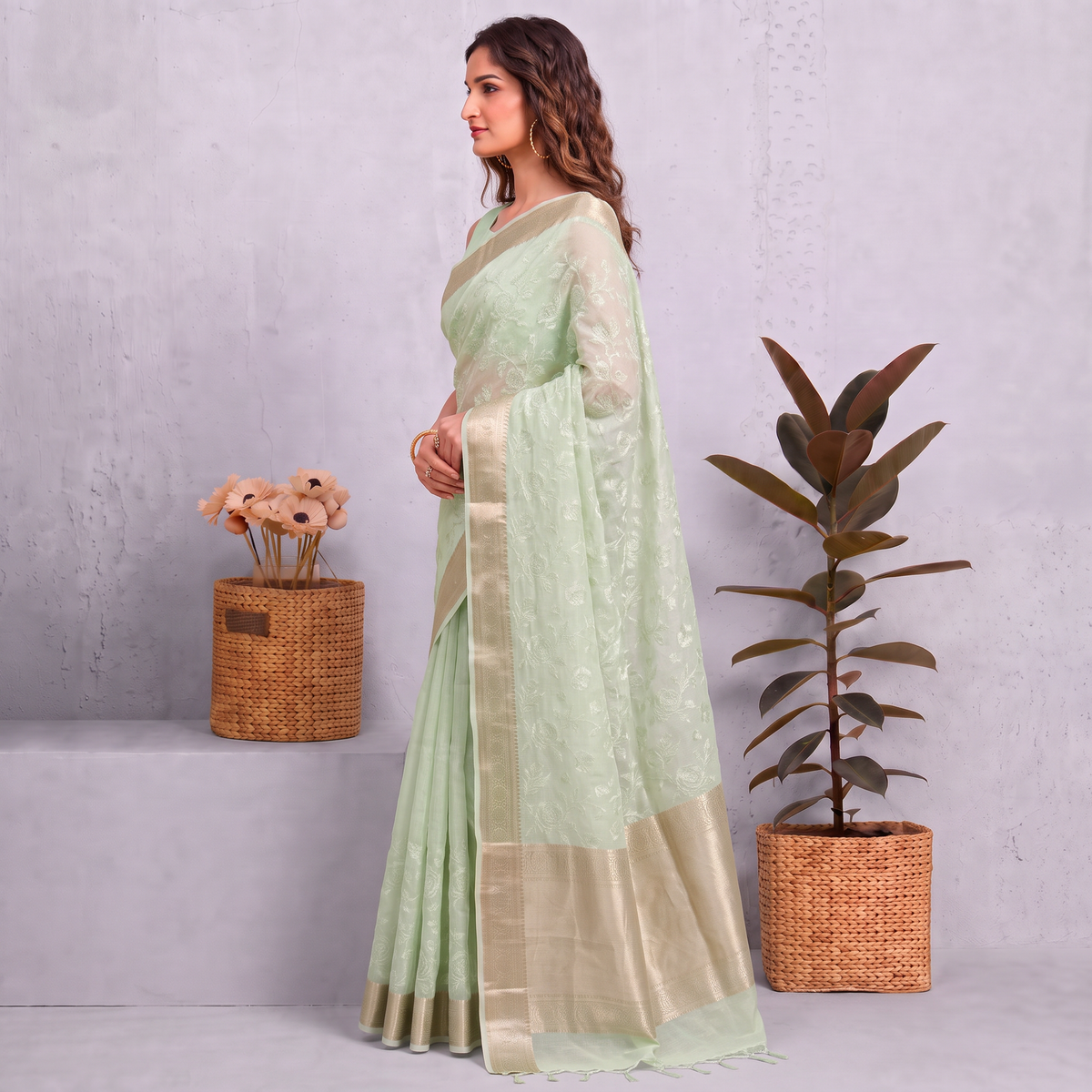 Light Pista Green Munga Kota Embroidery Saree