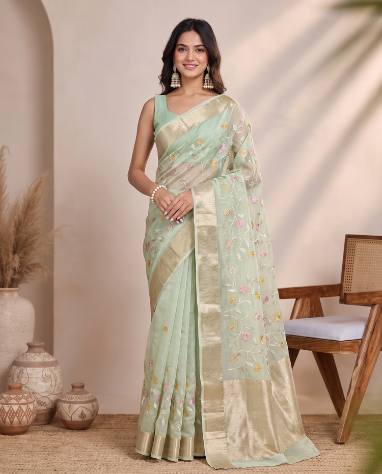 Pista Green Munga Kota Saree with Floral Embroidered Elegance