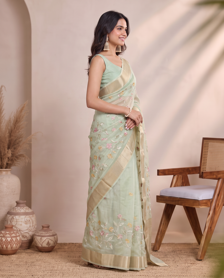 Pista Green Munga Kota Saree with Floral Embroidered Elegance