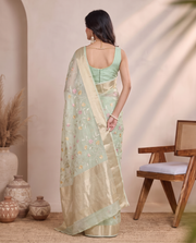 Pista Green Munga Kota Saree with Floral Embroidered Elegance