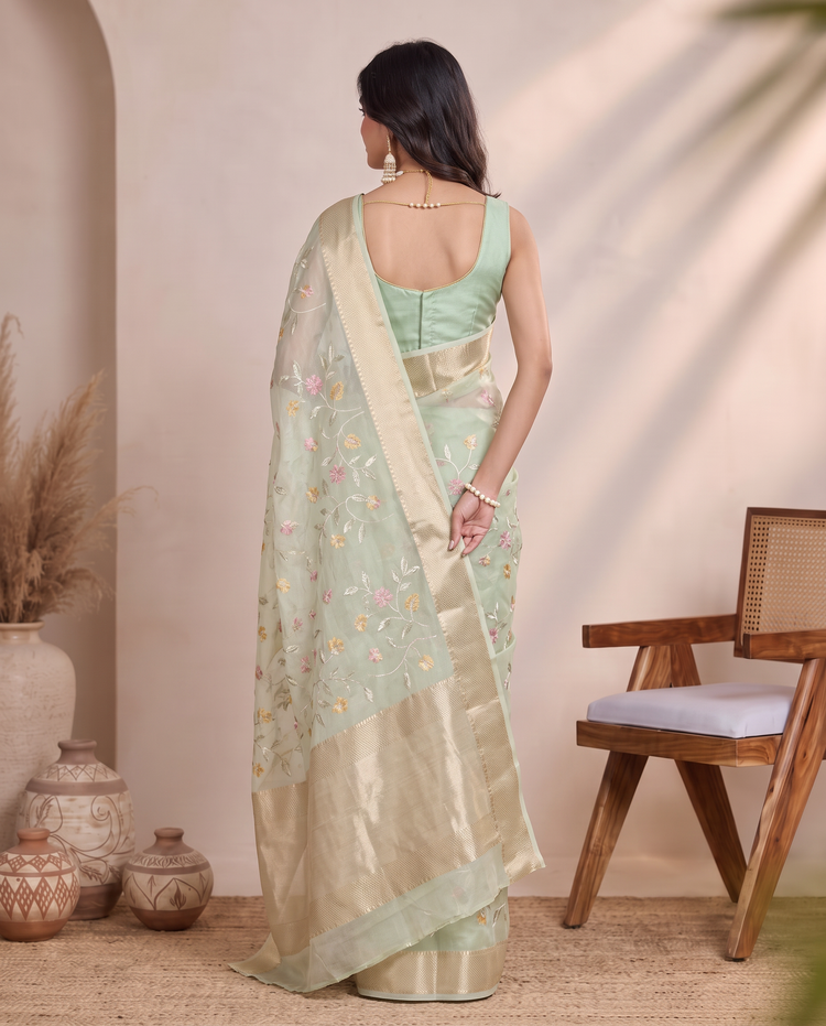 Pista Green Munga Kota Saree with Floral Embroidered Elegance