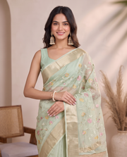 Pista Green Munga Kota Saree with Floral Embroidered Elegance