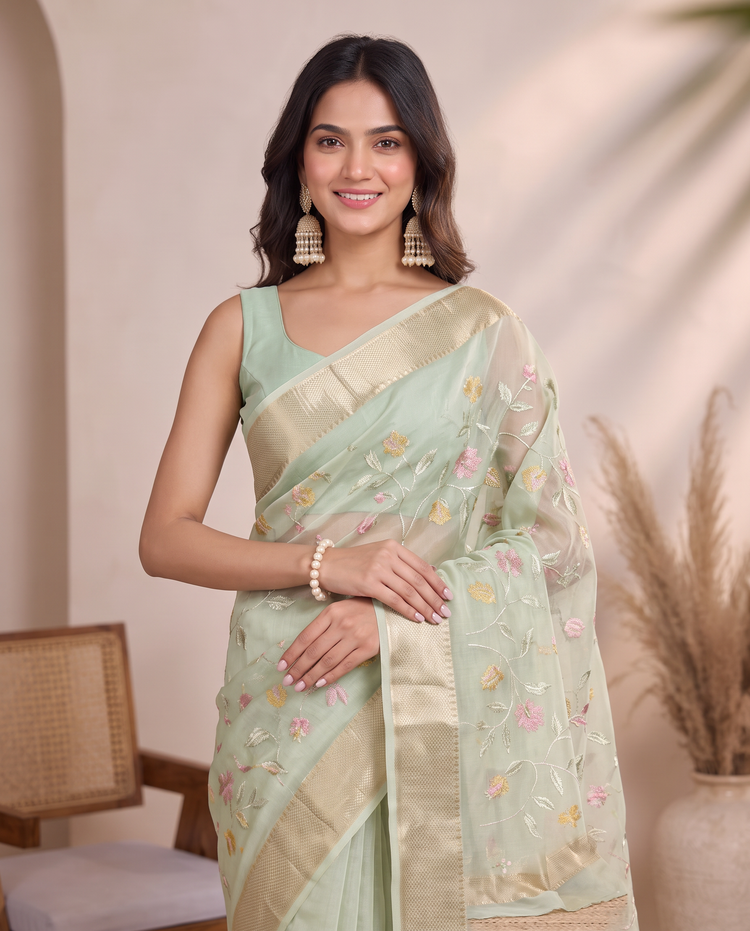 Pista Green Munga Kota Saree with Floral Embroidered Elegance