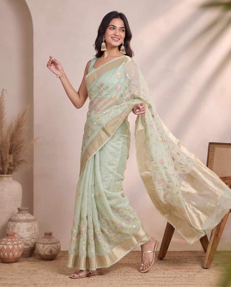 Pista Green Munga Kota Saree with Floral Embroidered Elegance